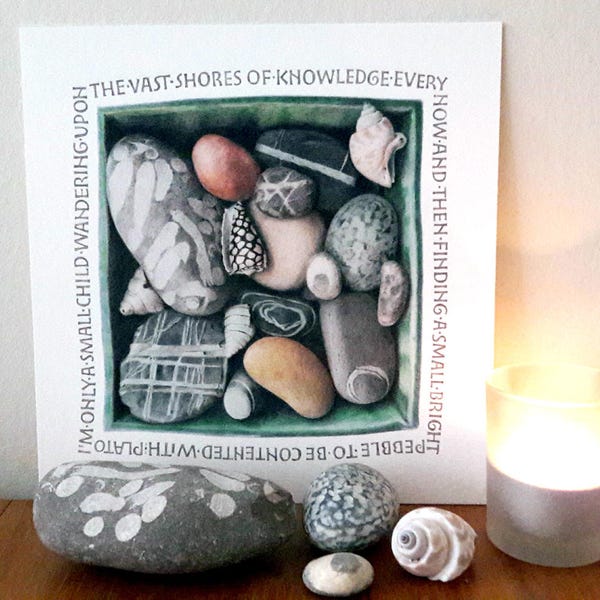 Limited edition 7.6 x 7,8 giclee print, pebbles, color pencil, drawing, calligraphy, lettering, handmade, pencil, photorealistic, plato