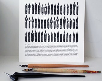 Pen nibs, illustration, calligraphy, black and white, drawing, fineliner, lettering, giclée print, art print