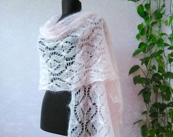Light pink lace shawl,  knitted mohair scarf, gift for woman