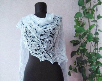 Light Blue Merino Wool Lace Scarf - Knit Shawl Gift