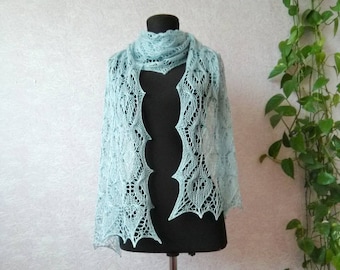 Blue knitted merino wool scarf, knit lace scarf, blue woman's knit scarf, gift for mom