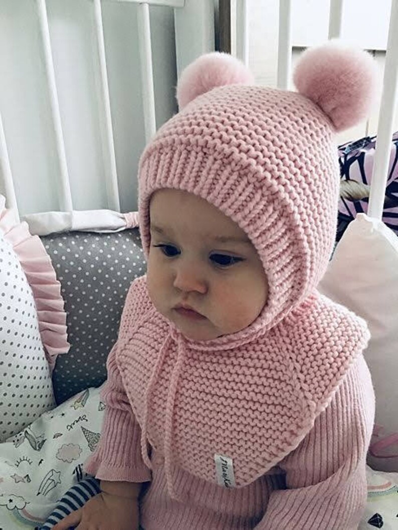 Baby merino wool balaclava hat gray toddler hat with pom poms Etsy