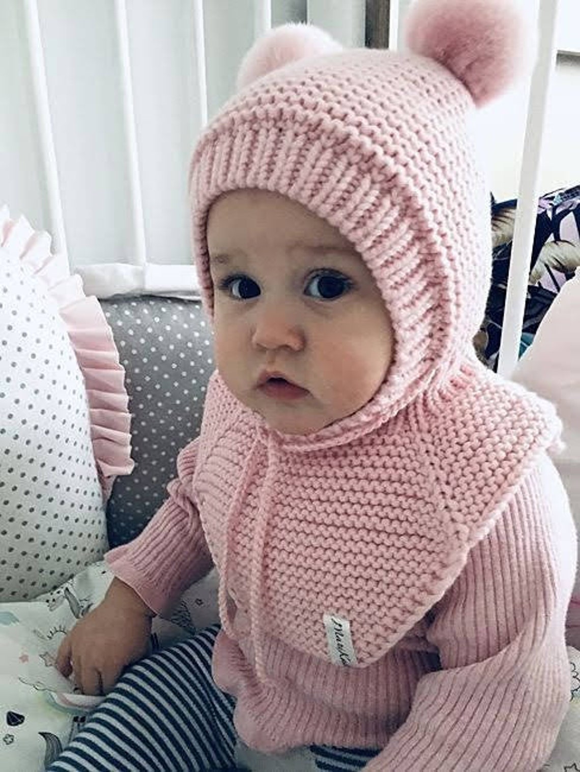 Baby merino wool balaclava hat gray toddler hat with pom poms Etsy