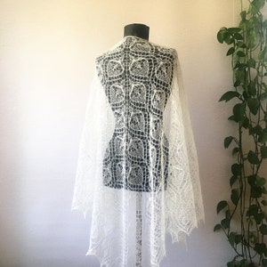 Bridal Mohair Triangle Shawl – Hand Knit White Wedding Wrap, Soft Kid Mohair Lace Scarf, Elegant Bridal Cover Up, Winter Wedding Gift