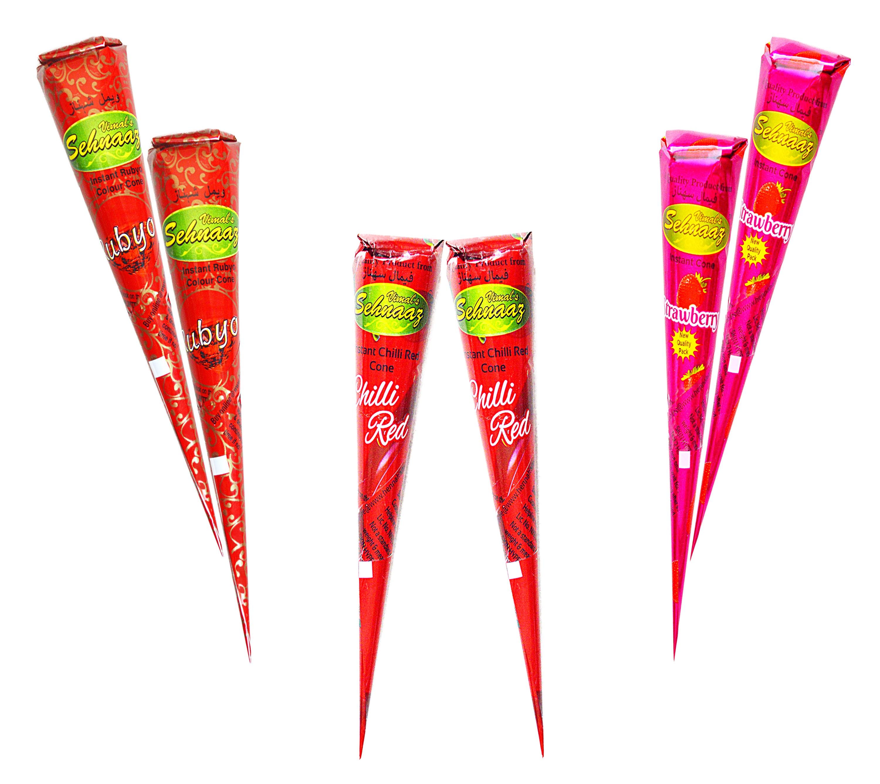 3 Different Shades of Red Instant Vimal's Sehnaaz Henna Mehandi 2 Each, Set of 6 Cones