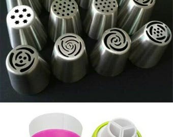 12Pcs Russian Tulip stainless steel Nozzles birthday Cake Cupcake Decorating Icing Piping Nozzles Rose Flower +1 PCS Converter