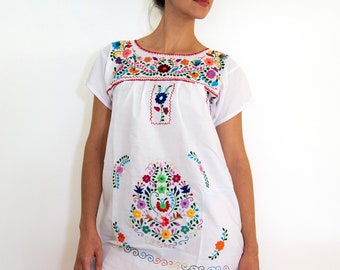 Ethnic, Folk, Hand Embroidered Mexican Dress loose Style. White/Rainbow.