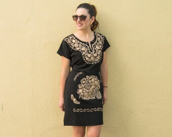 Ethnic, Folk, Embroidered Mexican Dress with Tie on Back. Black/Golden.