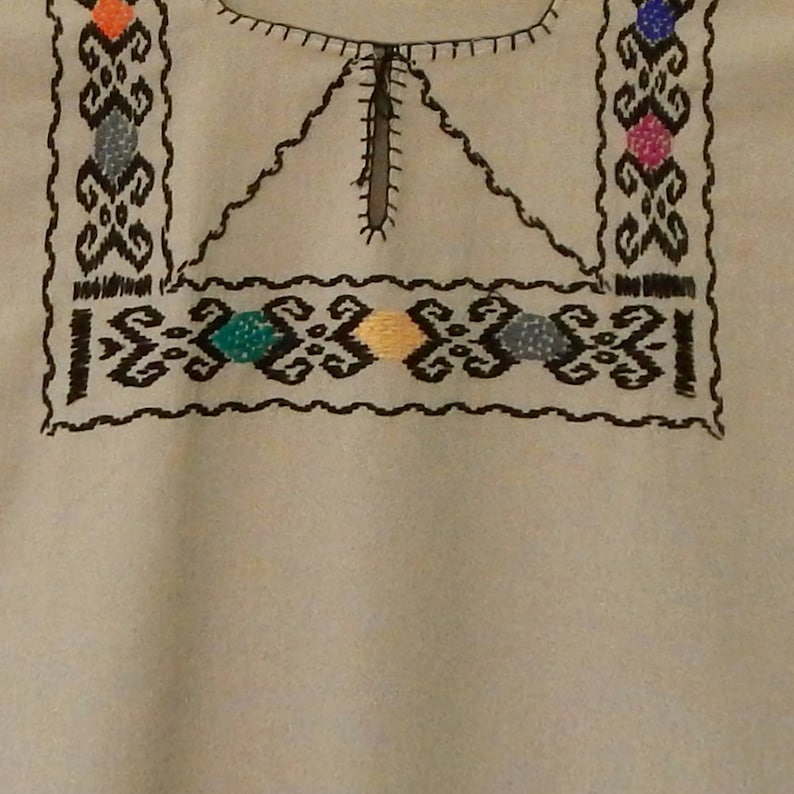 Handmade Blouse Mexican Embroidered Blouse Beige Frida Huipil. Huipil with Colorful Hand Stitched Geometrical Detail on Chest