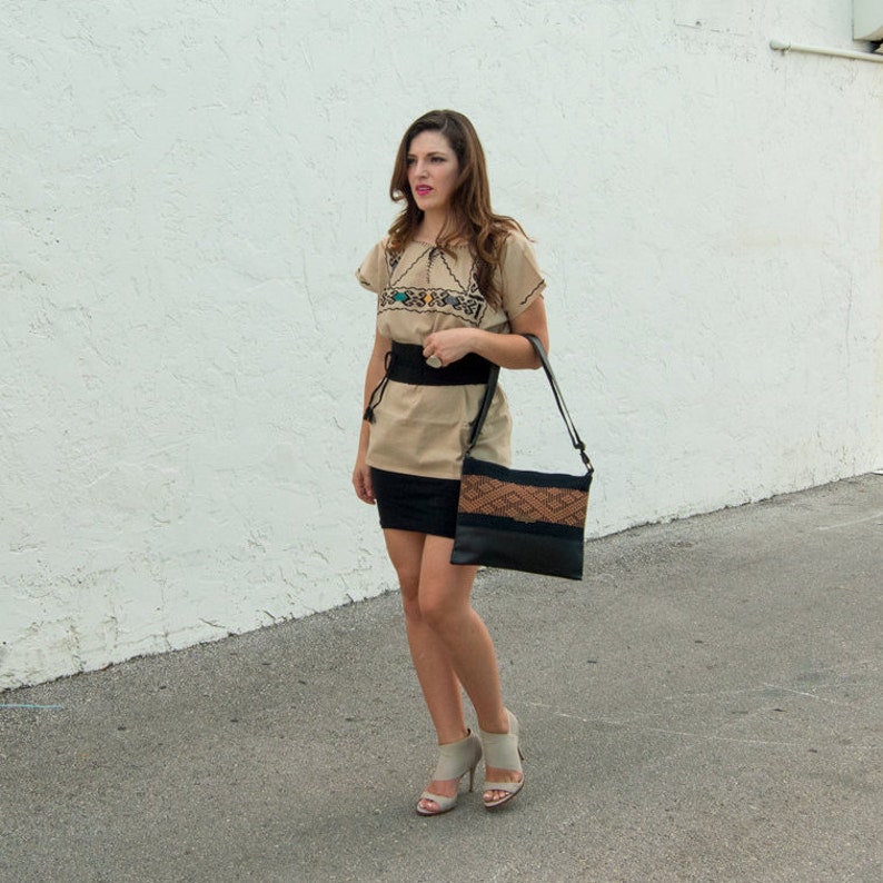 Handmade Blouse Mexican Embroidered Blouse Beige Frida Huipil. Huipil with Colorful Hand Stitched Geometrical Detail on Chest