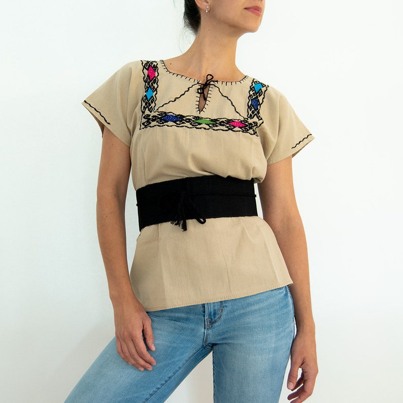 Handmade Blouse Mexican Embroidered Blouse Beige Frida Huipil. Huipil with Colorful Hand Stitched Geometrical Detail on Chest