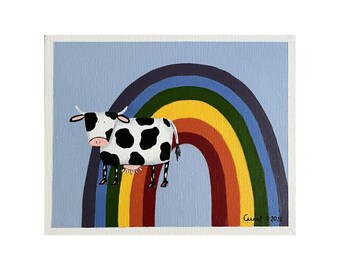 Regenbogen Kuh. Original Acrylbild auf Leinwand, Sammlerstück, von Anne Quiroga.