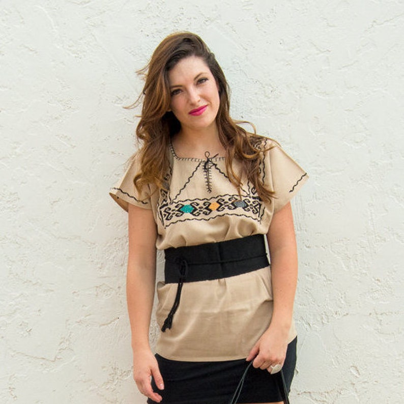 Handmade Blouse Mexican Embroidered Blouse Beige Frida Huipil. Huipil with Colorful Hand Stitched Geometrical Detail on Chest