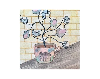 Mond und Herz Tee, Original Aquarell Malerei, kleine Kunst von Anne Quiroga.