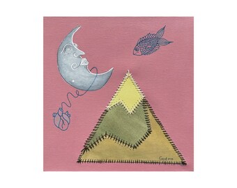Original Aquarell auf Acrylgemälde Leinwand, Die Fische und der Mond. Von Anne Quiroga