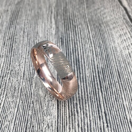Actual Fingerprint Rose Gold shops Ring Engraved Wedding Band Dome Shape Polished Titanium Rings Set - 6mm & 4mm Available