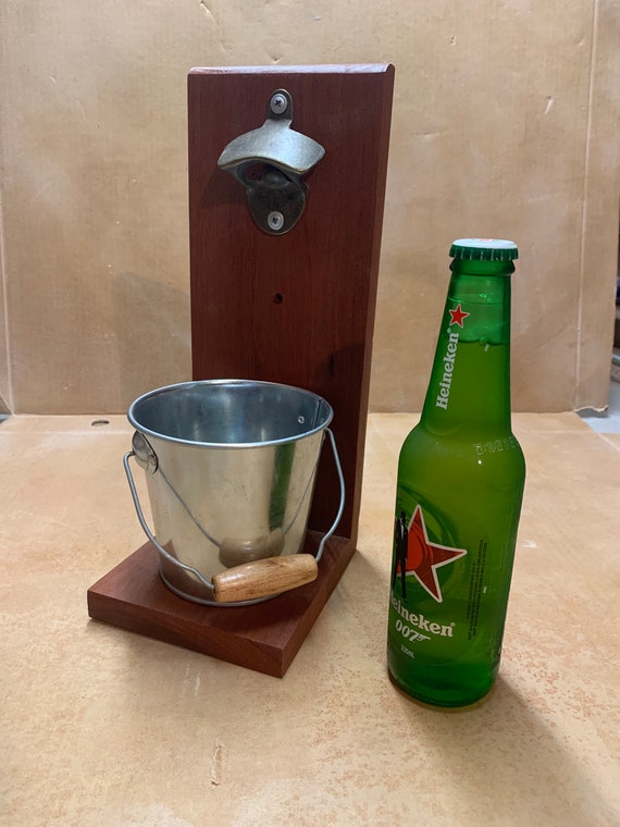 Bottle opener with catching Bucket. Large Jarrah