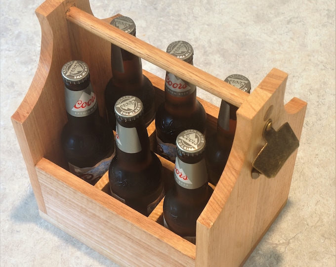 Bottle Carrier 6 pack in Victorian Ash Timber with bottle opener.