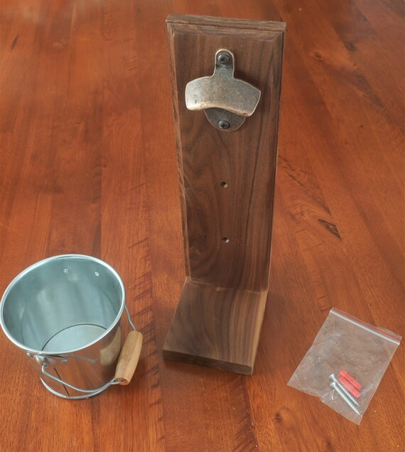 Bottle opener with catching Bucket. American Black Walnut