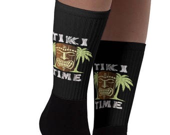 Tiki Time, Funny Christmas, Funny Socks, Hawaiian Luau, hawaiian tiki, Black socks, Holiday Gift