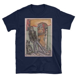 May include: A navy blue t-shirt with a vintage illustration of a man with a motorcycle and a woman standing in a doorway. The illustration is in a cartoon style and features a Union Jack flag in the background.
