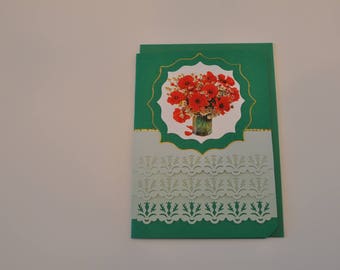 Carte Verte dégradée avec bouquet de fleurs rouge et blanche