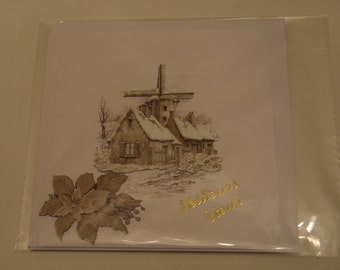 Carte Noel maisons et moulin sous la neige