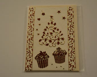 Carte Noel avec sapin et deux gateaux