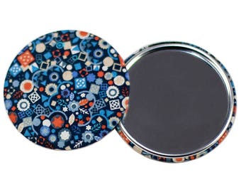 Miroir de poche, Liberty PICK AND MIX, miroir tissu bleu, *Collector*, miroir 75mm, miroir Liberty of London, cadeau pour elle, cadeau Noël