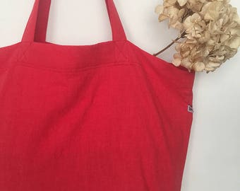 Cabas en lin lavé rouge avec poche intérieure zippée et mousqueton accroche clé / Stone washed linen tote bag / Gift for her