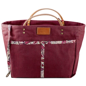Organiseur de sac, lin enduit bordeaux, Liberty Mark, anses cuir, cadeau pour elle, cadeau femme, cadeau Noël, bag organizer, bag for women
