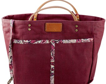 Tasche Organizer, Bordeaux beschichtete Leinen, Liberty Mark, Griffe Leder, Geschenk für ihr Geschenk Frau, Weihnachtsgeschenk, Organizer Tasche, Tasche für Frauen