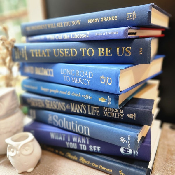 Dark Blue Set of Authentic Books | Vintage Modern Hardcover Display | Real Used Hardback Bundle | Color Coded Decor Stack | Mixed Navy Blues