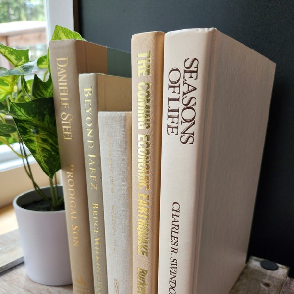 Earthy Beige Mantle Decor Books | Bookshelf Neutral Objects | Decorative Staging Ideas | Earth Tone Bundle | Real Used Hardbacks For Sale