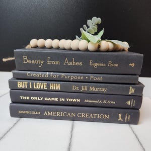 以下が含まれることがあります： 背表紙に金色の文字が書かれた、黒いハードカバーの書籍が5冊積み重ねられています。タイトルは「Beauty from Ashes」、「Created for Purpose」、「But I Love Him」、「The Only Game in Town」、「American Creation」です。