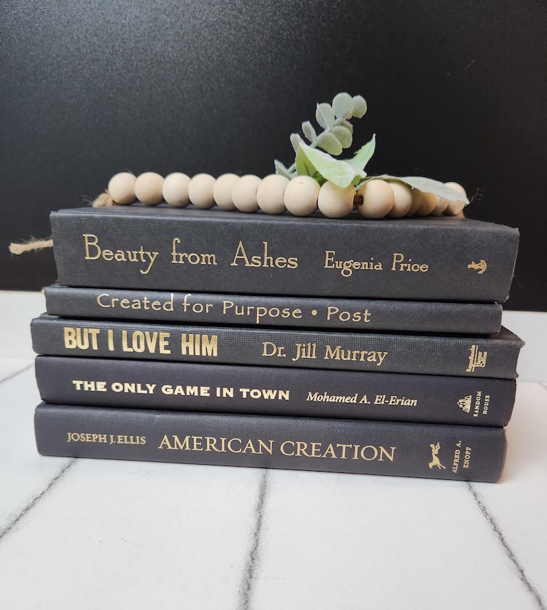 以下が含まれることがあります： 背表紙に金色の文字が書かれた、黒いハードカバーの書籍が5冊積み重ねられています。タイトルは「Beauty from Ashes」、「Created for Purpose」、「But I Love Him」、「The Only Game in Town」、「American Creation」です。