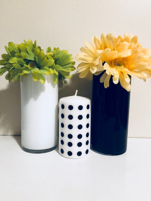 White And Black Painted Tall Round Vases Set Polka Dot Etsy
