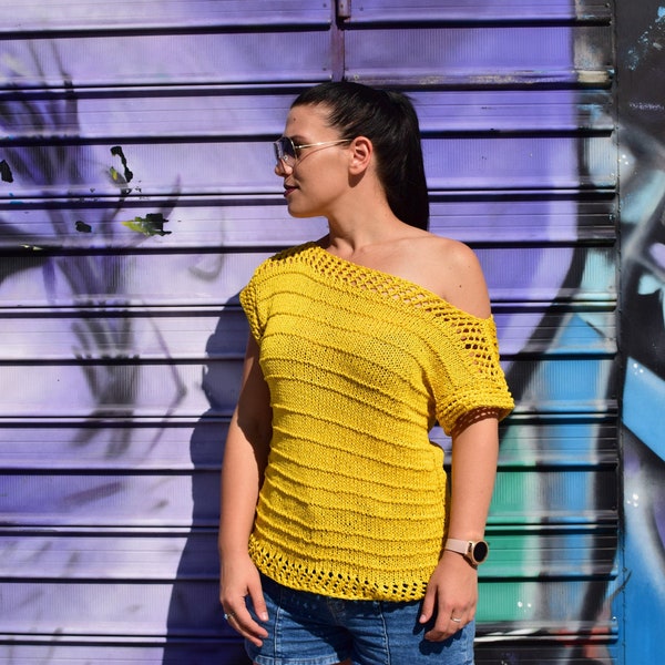 Knitted summer blouse/yellow vest/hand knitted top/lace top/ cotton blouse/yellow tunic/sleeveless blouse/shirt arm top