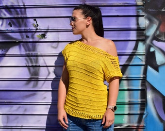 Knitted summer blouse/yellow vest/hand knitted top/lace top/ cotton blouse/yellow tunic/sleeveless blouse/shirt arm top