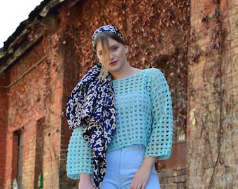 handmade crochet blouse with a long sleeves/turquoise crochet blouse/lace top women/women tunics