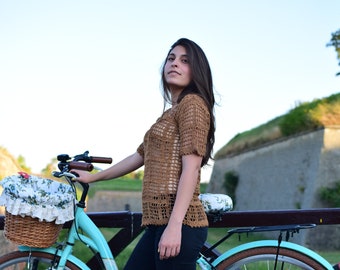 Bronze crochet blouse/Crochet blouse/brown blouse/summer crochet top/file crochet blouse/short sleeve blouse//summer blouse