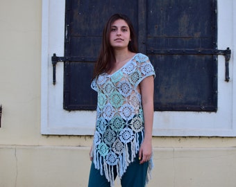 fringed summer blouse /crochet fringed blouse,sleeveless  blouse, multicolored blouse, blue blouse, summer blouse, green blouse