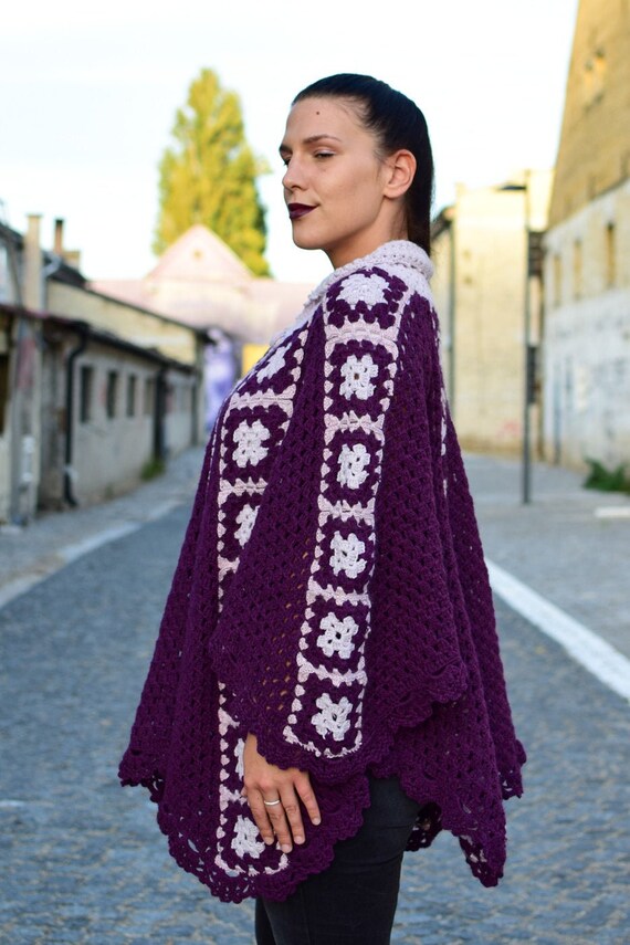 Long Sleeves Sweater women Crochet Cardigan bell Sleeves Poncho purple Capes crochet Women Jacket lilac Cardigan granny Square Sweater Etsy UK