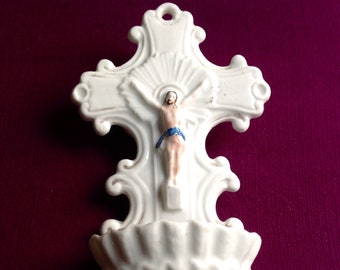 Antique Holy Water Font, Vieux Paris Porcelain, Folk Art, Old Paris Porcelain Pilgrim Benitier, circ 1870