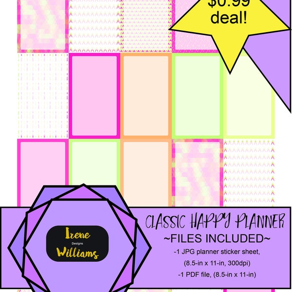Arrows and Mosaic designs for your Classic Happy Planner; Full Box Stickers; Pink Yellow Green Orange