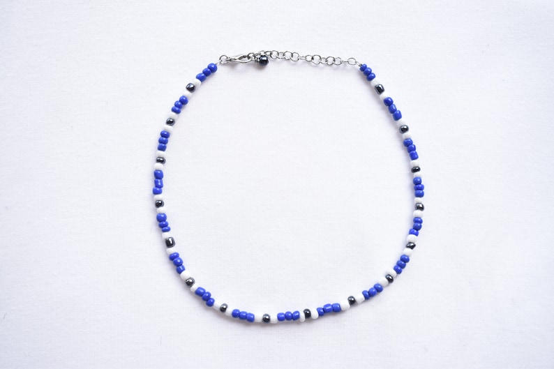 Seed Bead Glass Choker Necklace Blue White Black Glass Adjustable Necklace Beaded Glass Patterned Choker Necklace Gift for Her