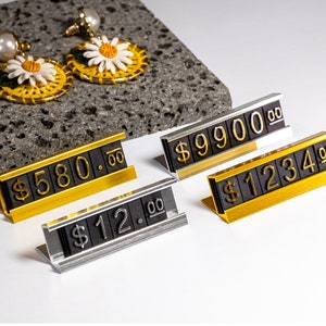 Etiqueta de precio, signo de precio, etiqueta de precio pequeña, etiqueta de precio para exhibición de joyería, soporte de mostrador, precio en dólares con letras numéricas, kit de bloques para tienda minorista
