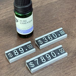Etiqueta de precio, letrero de precio, etiqueta de precio pequeña, etiqueta de precio para exhibición de joyas, soporte de mostrador, precio en dólares con números y letras, kit de bloques para tienda minorista
