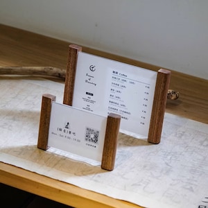 Sinal de nome comercial, etiqueta de preço, sinal de marca, etiqueta de preço de madeira acrílica transparente, display de etiqueta, suporte de balcão de madeira, kit de bloco para loja de varejo