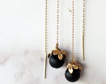 Gold and Onyx Earrings, Long Chain Earrings, Onyx Earrings, Romantic Earrings, Gold Filled Earrings, Quartz Earrings, Threader Earrings